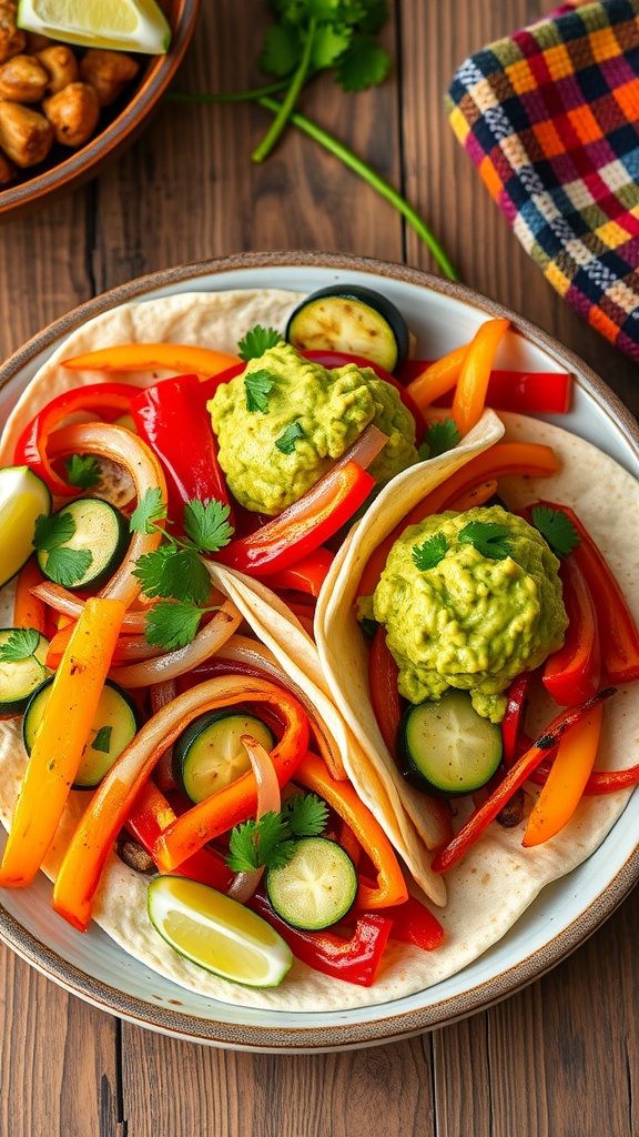 Colorful vegetable fajitas with bell peppers, onions, zucchini in tortillas, topped with guacamole and garnished with cilantro on a rustic table.